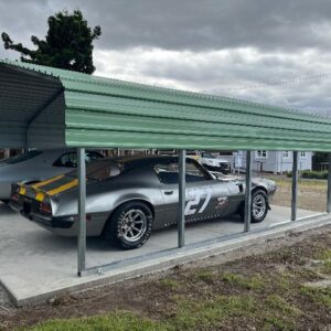 Side view of our steel frame shade shed you can see the clearance on the side is quite high allowing for large four-wheel drives and other vehicles